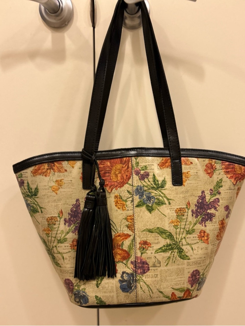 Patricia Nash Marconia Parisian Newsprint  leather tassels tote handbag purse
